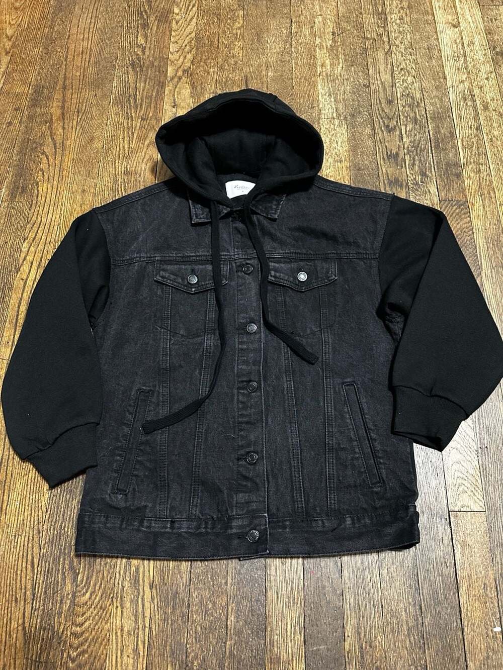 KanCan Los Angeles Black Denim Tori Hooded Jacket Size S Orange Ram Decal Back